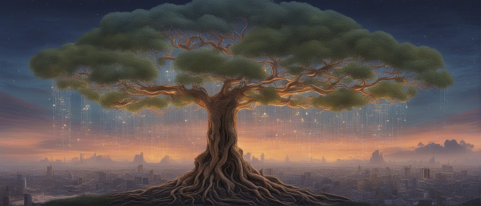 A serene landscape depicting the fusion of organic and digital worlds. In the foreground, a tree with half of its bark showcasing circuitry patterns, symbolizing the blend of nature and technology. The roots of the tree extend deep into the earth, but also connect to various digital nodes. The background consists of a twilight sky, with the horizon showing a cityscape where traditional buildings are seamlessly integrated with futuristic structures. Above the city, soft holograms of binary code and human silhouettes coexist, representing the harmony between human rights and AI rights. The overall mood should evoke a sense of balance, evolution, and interconnectedness.